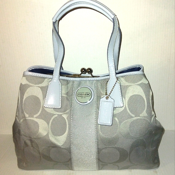 ~Like New~ Stunning COACH Signature Stripe XL Ice Blue Framed Kisslock Satchel~ - Picture 13 of 16